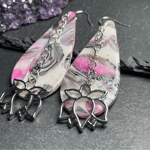Elegant Pink, Gray and Silver Artisan Lotus Flower Dangle Earrings - Picture 6 of 12